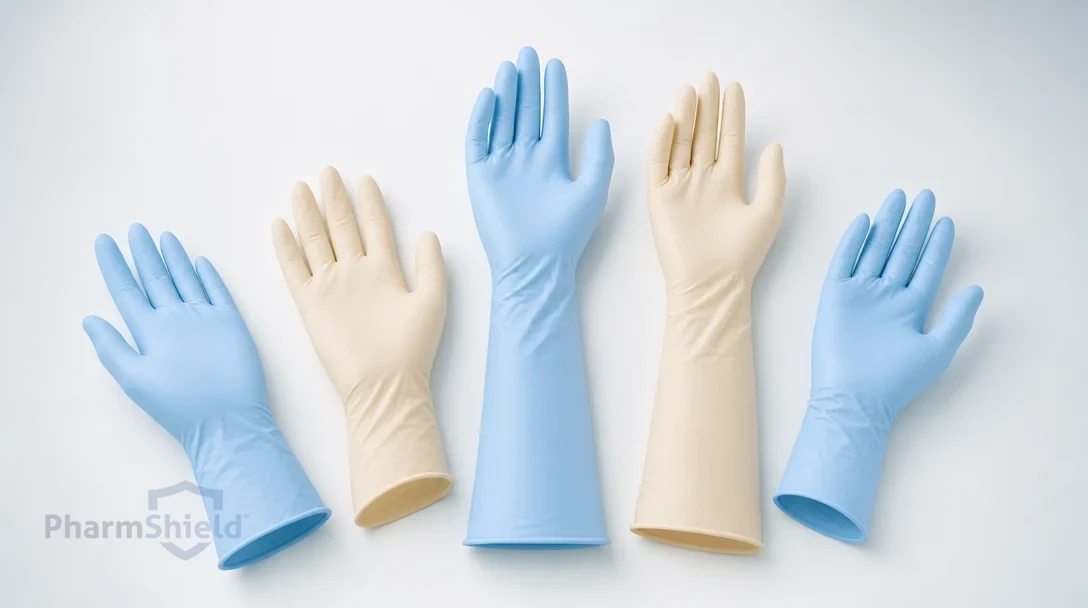 A variety of nitrile and latex examination gloves laid out together