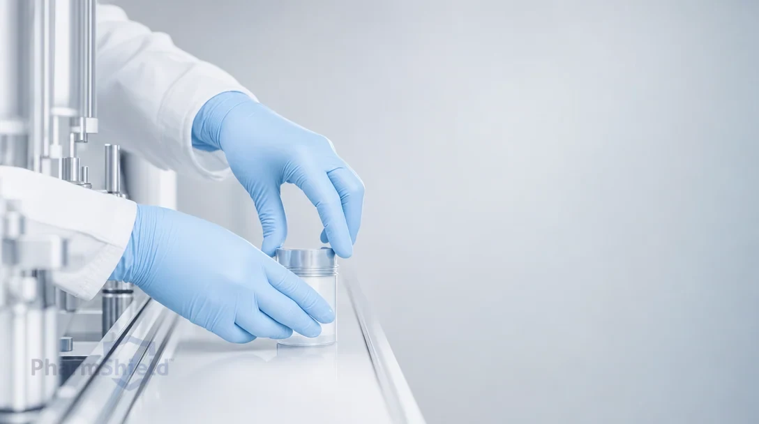 Powder-blue nitrile gloves in an industrial pharmaceutical manufacturing line