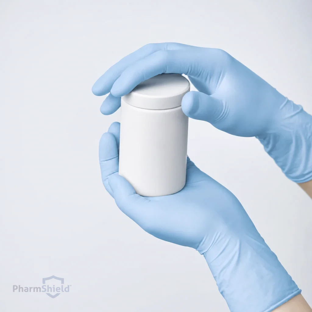 Powder-blue nitrile gloves in industrial use on a manufacturing line