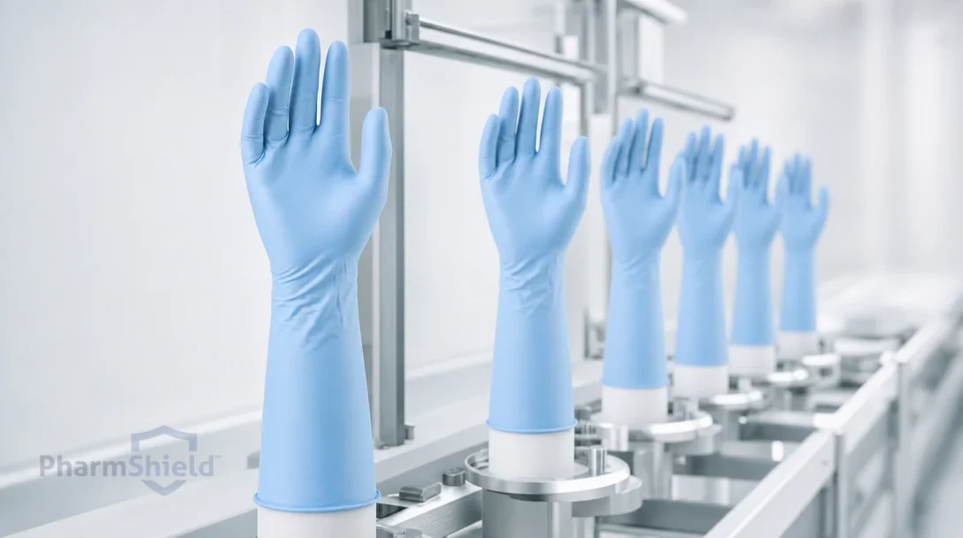 Hand-shaped formers coated in powder-blue nitrile on a glove manufacturing line