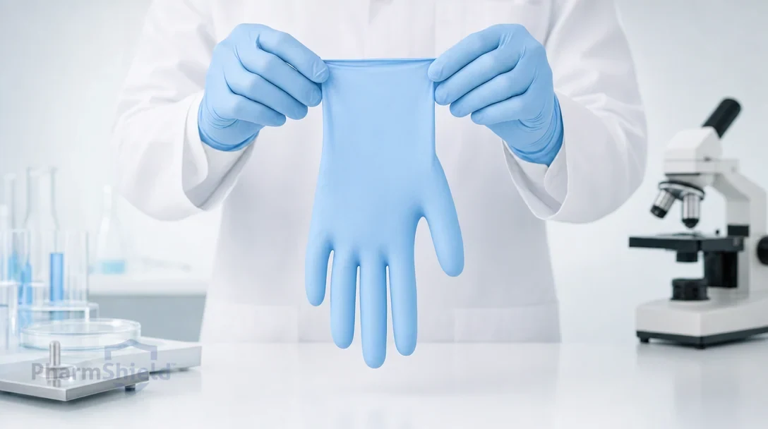 Quality-control inspection of nitrile gloves in a clean lab