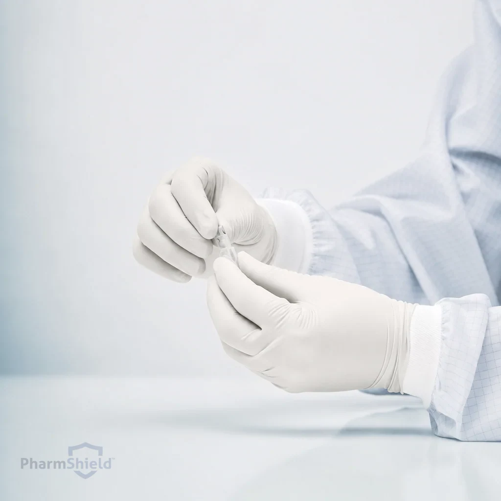 White sterile gloves handling a sterile item in a controlled aseptic environment