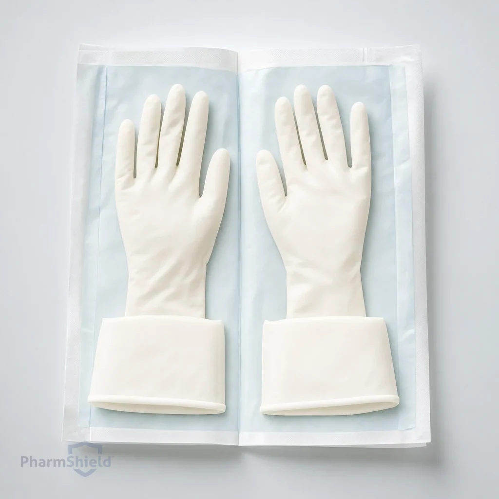 An opened sterile glove pack with the gloves laid flat and cuffs folded back