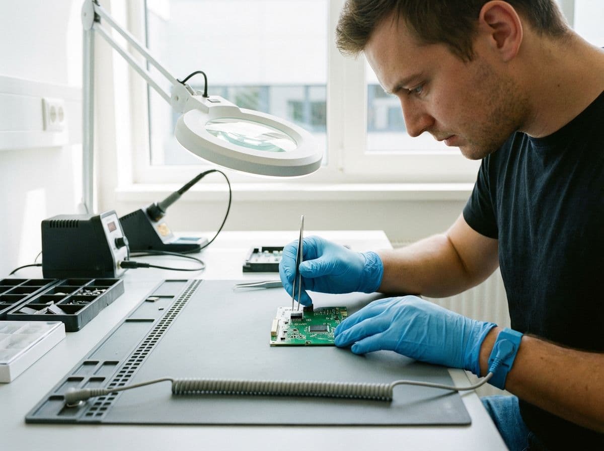 Technician placing microchip on PCB with ESD-safe gloves