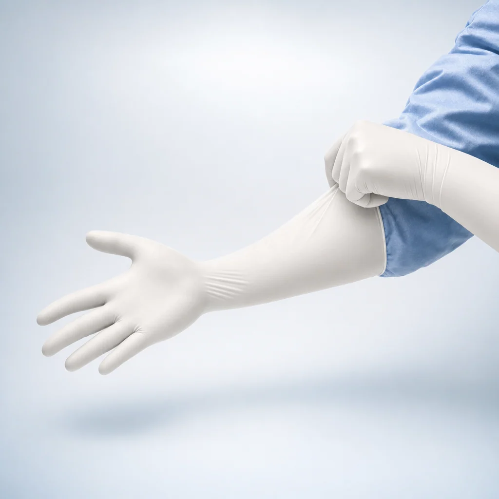 ESD antistatic white nitrile gloves on a clinical studio backdrop, PharmShield