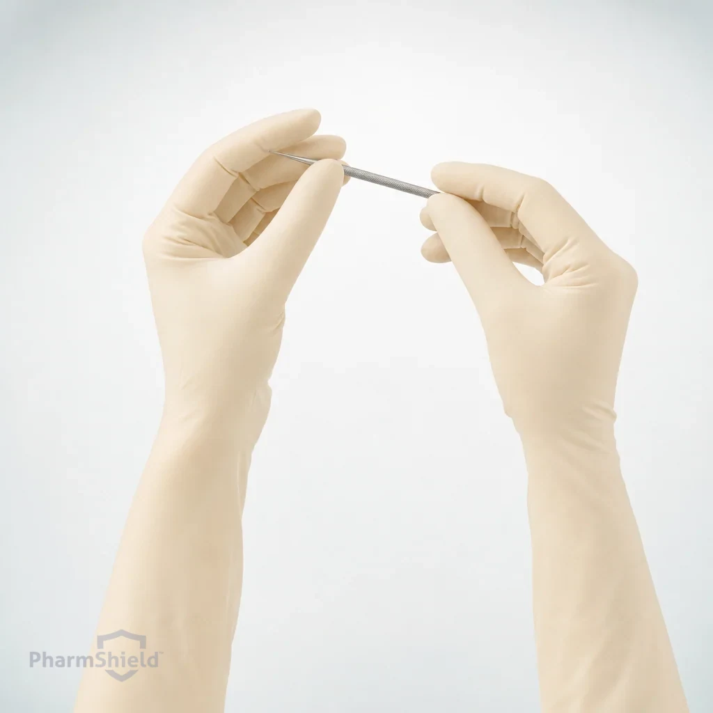 Natural-tan latex examination gloves performing a fine-motor task