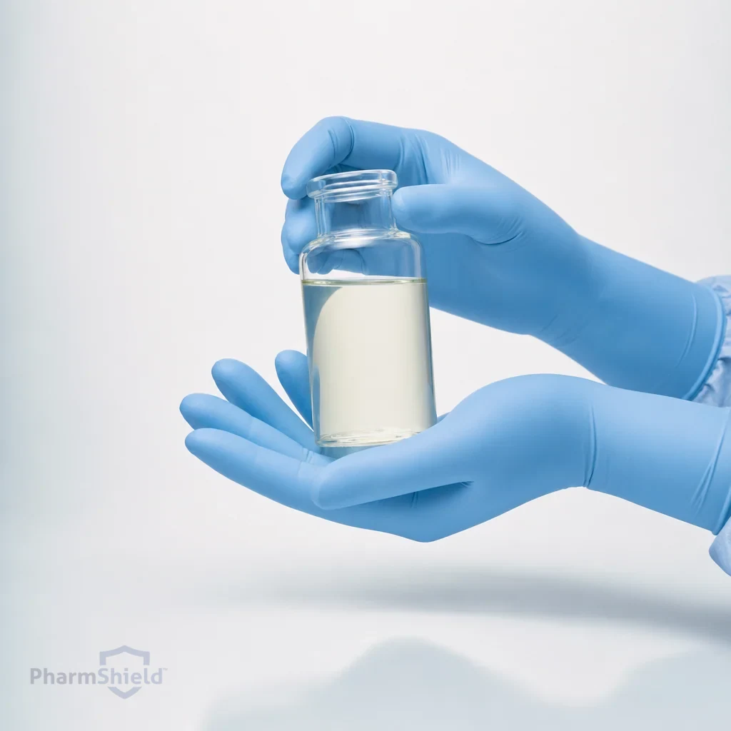 Powder-blue nitrile examination gloves handling laboratory glassware