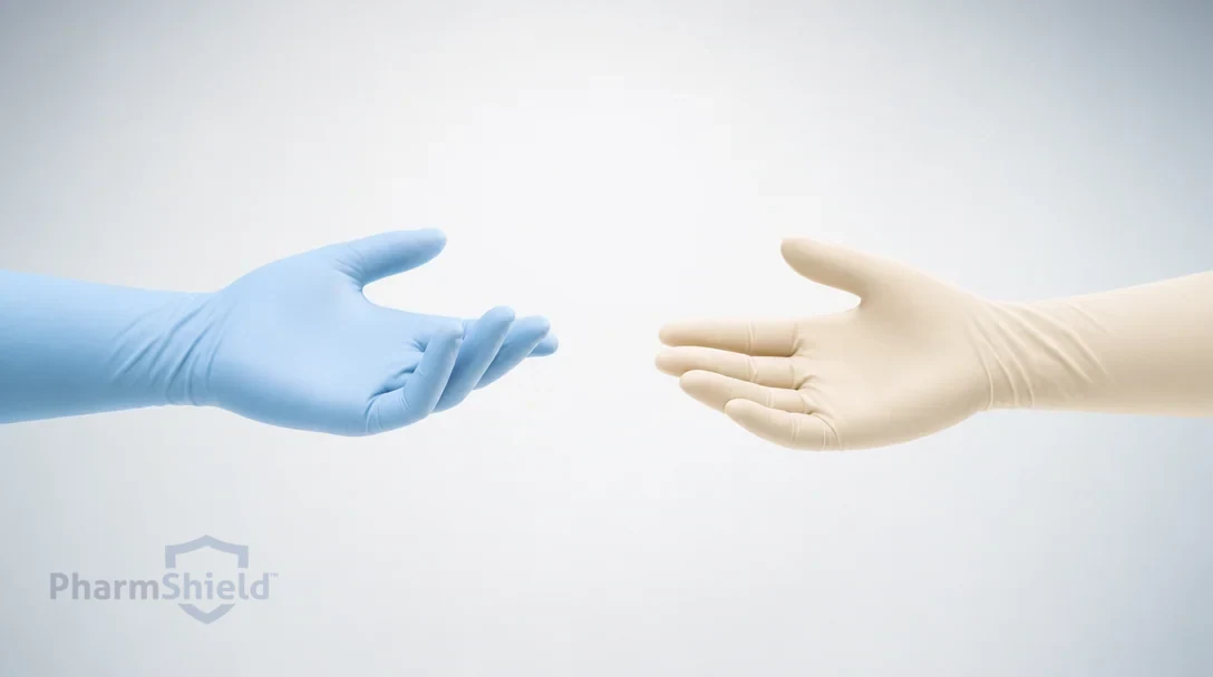 Powder-blue nitrile and natural-tan latex examination gloves side by side