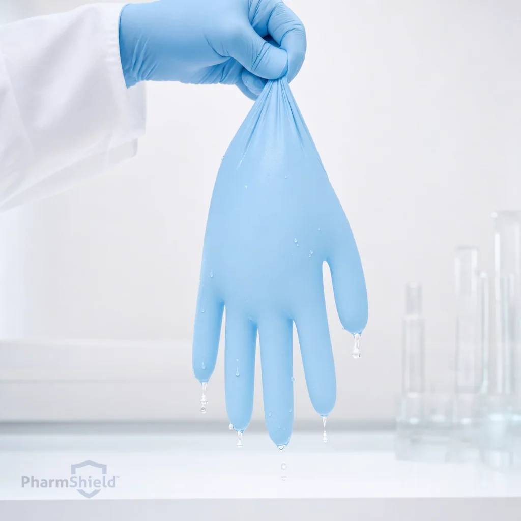 A nitrile glove filled with water for a pinhole water-leak barrier-integrity test