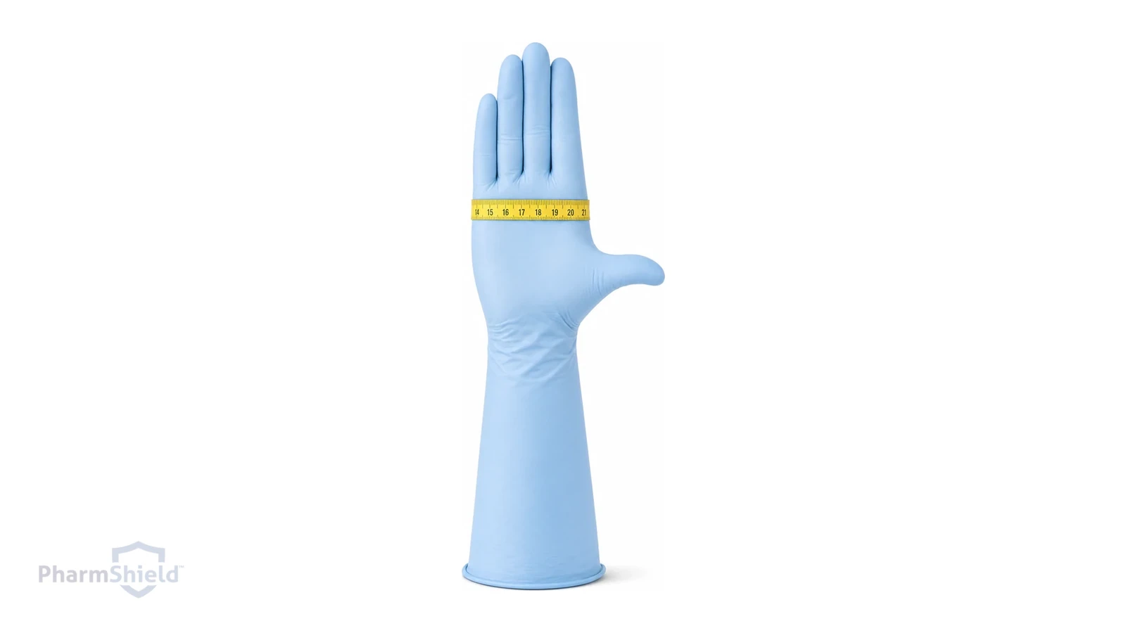 A powder-blue nitrile glove with a measuring tape around the palm width, thumb excluded