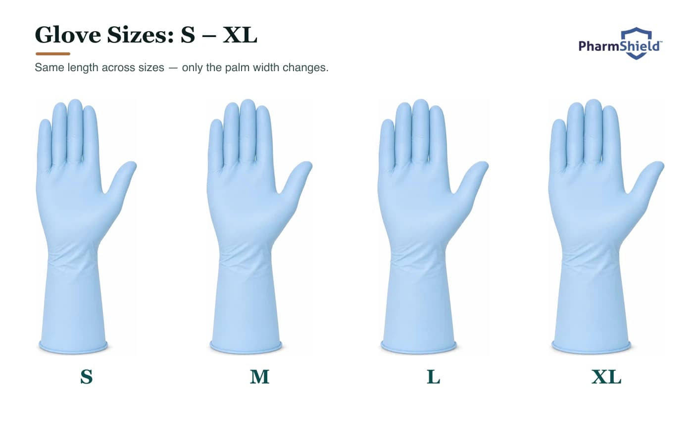 Powder-blue nitrile gloves in sizes S, M, L and XL — same length, palm width increasing with size