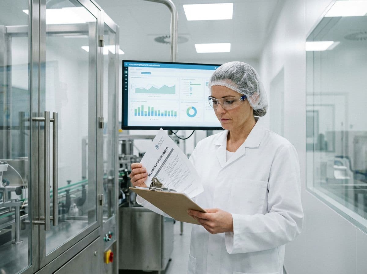 Quality auditor reviewing ISO certification in cleanroom