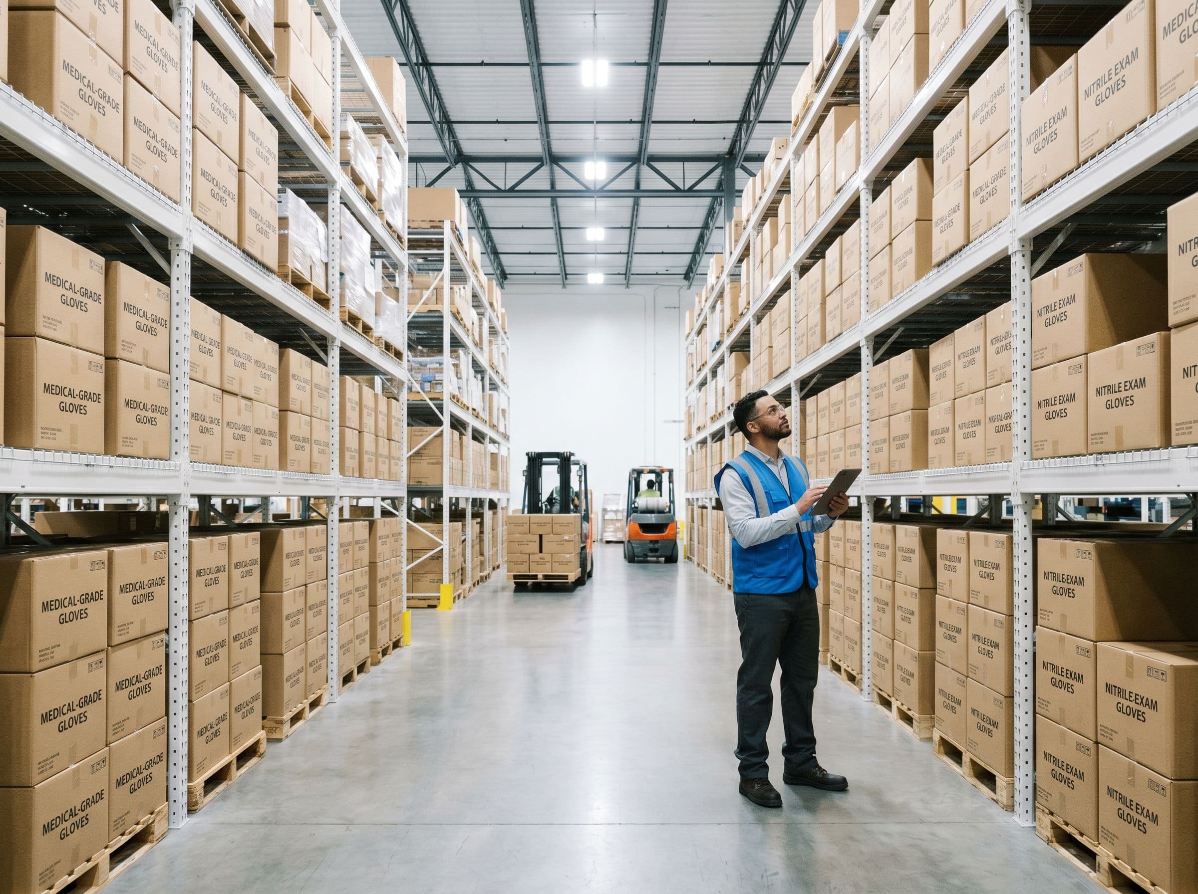 Medical-grade glove distribution warehouse with inventory check