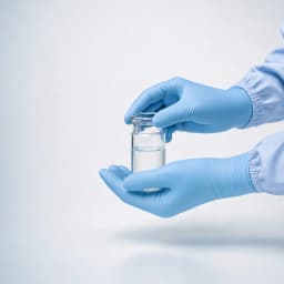 EN 374 chemical-resistant nitrile gloves handling reagents in a lab, PharmShield